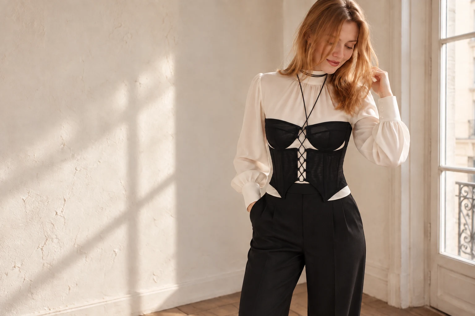 Corset preto Morgana sobre uma blusa marfim, com calça de alfaiataria, à luz da janela