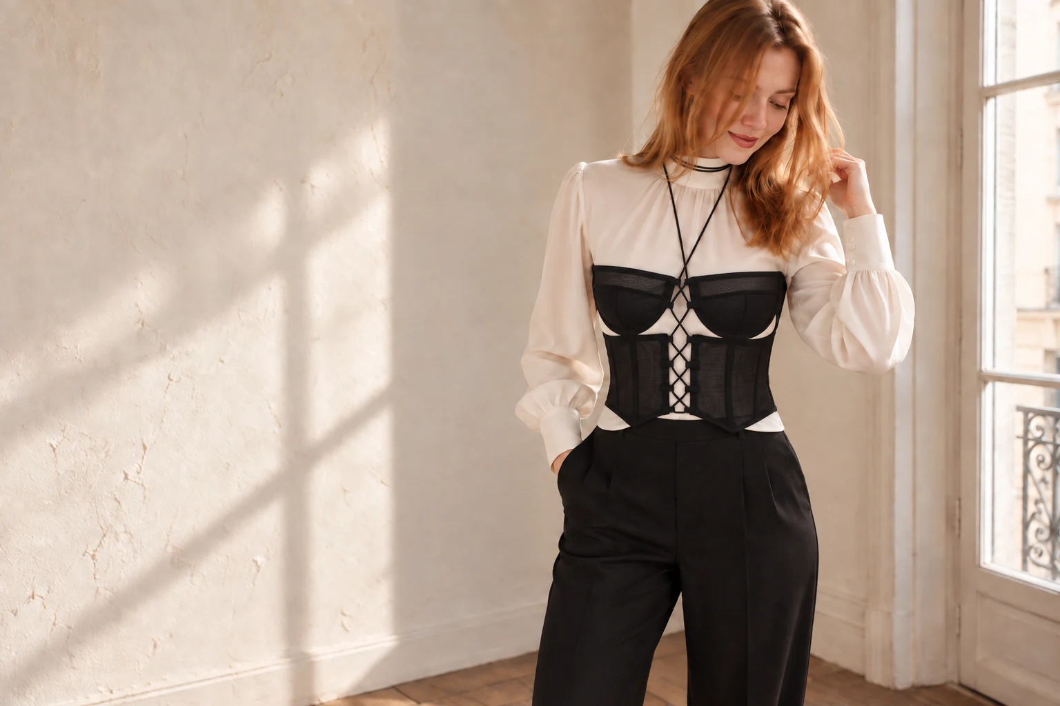 Corset preto Morgana sobre uma blusa marfim, com calça de alfaiataria, à luz da janela